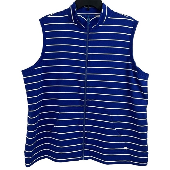 Liz Claiborne Womens Vest Stretch Blue White Stripe Pockets 2X - Picture 1 of 11